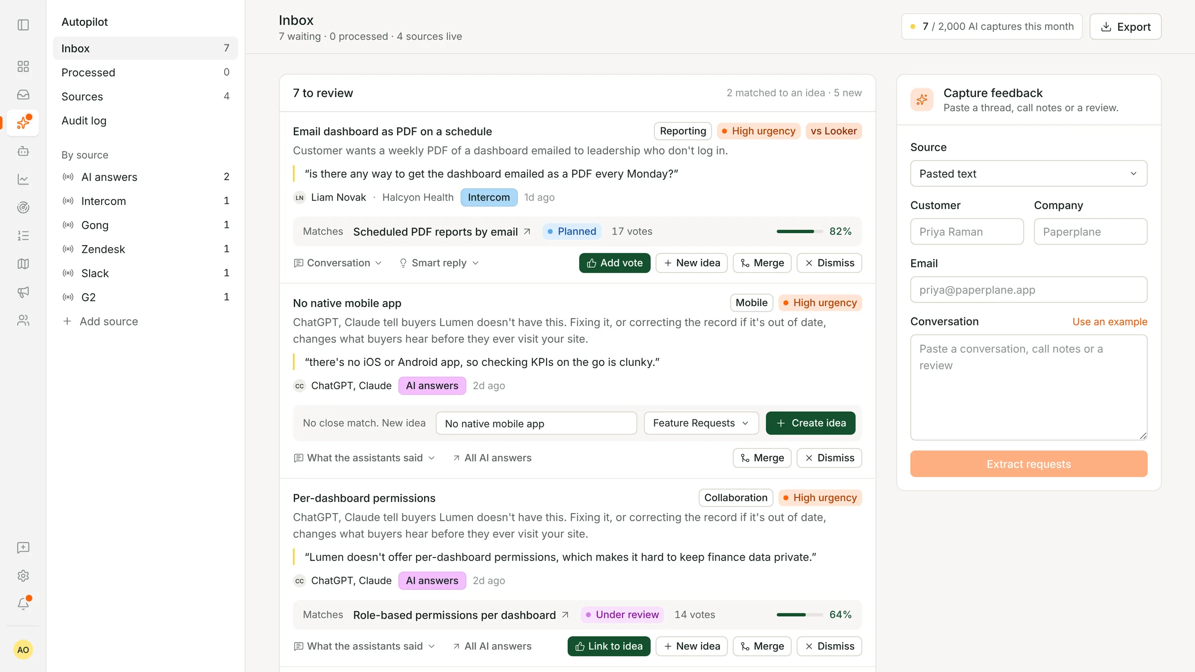 Murmur's Autopilot inbox listing feature requests extracted from customer emails, each linked to a customer and an idea